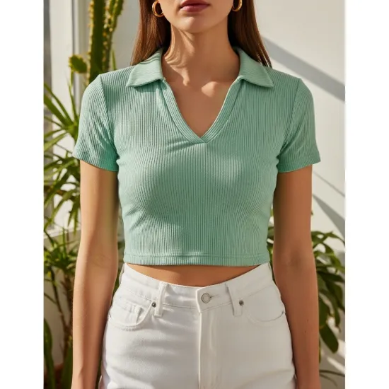 Maya Derin V Yaka Fitilli Crop Tişört